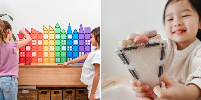 カラフルなタイルで街並みを作る子どもたち